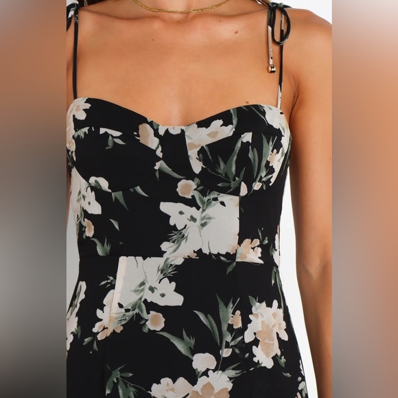 Petal & Pup Black Floral Midi Dress with Tie Straps and Slit - Size 12 - Picture 4 of 8